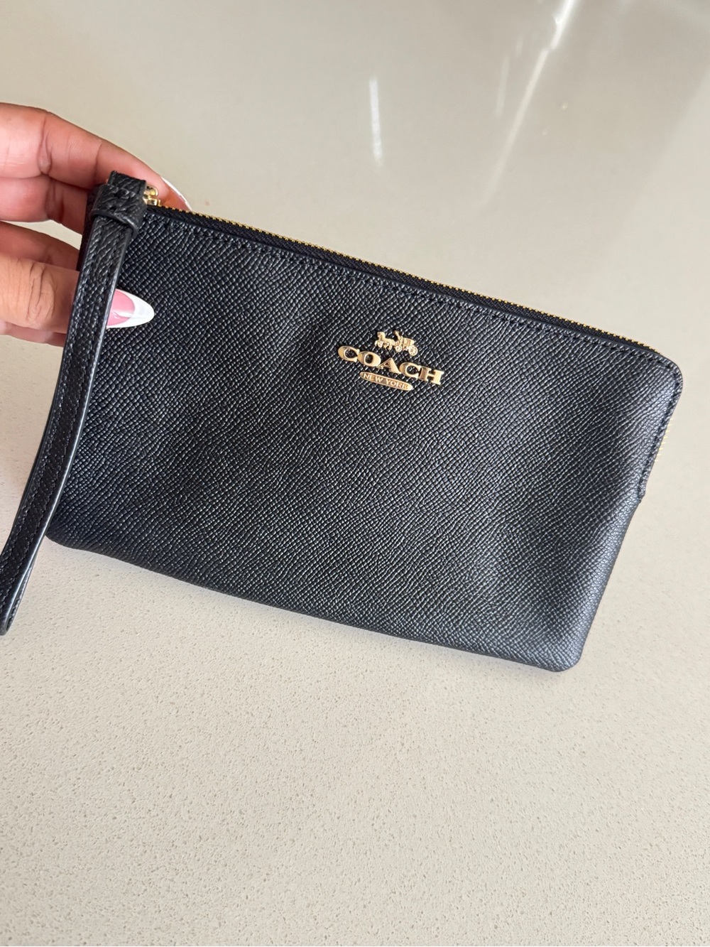 Coach Black Leather Wristlet Pouch with Gold Logo